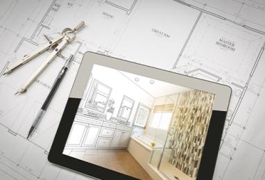 Computer tablet with master bathroom design over house plans